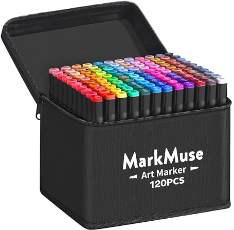 MarkMuse Marcatore 120 Colori, Pennarelli Doppia Punta 2S Asciugatura Rapida, Marker Pennarelli Professionali con Base e Borsa per Adulto Sketch, Colorare, Illustrazioni, Disegnare, Anime