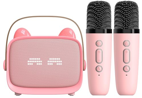Luocute Machine de karaoké pour Enfants, Haut-Parleur Portable avec 2 Micros sans Fil, Double Réduction de Bruit BT 5.3, Lumières Colorées pour Cadeaux d'anniversaire de Fête à la (Rose)