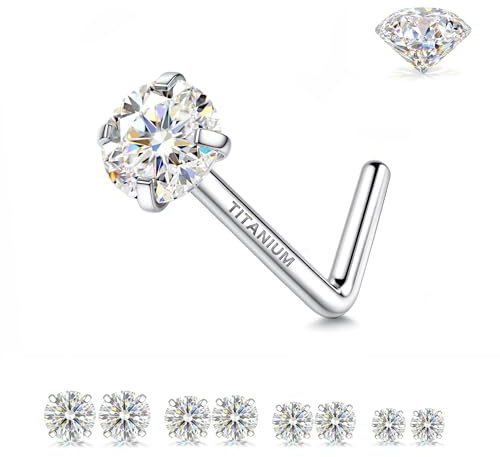 GEMQUEEN Moissanite Nose Studs Set : G23 Titanium Nose Rings L Shaped Hypoallergenic 20G Small Moissanite Nostril Piercing Jewelry for Women Men Trendy 1.5/2/2.5/3mm 8Pcs