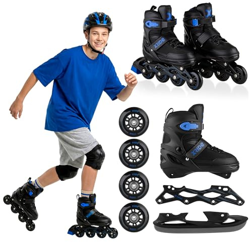 Xride 4in1 Rollschuhe Inliner für Kinder, Verstellbare Inline Skates mit Schlittschuhen, Schwarz Blau, ABEC-7 Kugellager, PU Rollen, Größenverstellbar, 39-42