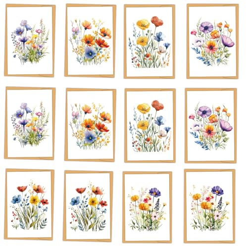 12 Pack Blank Cards and Envelopes, Watercolour Floral Greeting Cards | 15 x 10 cm Blank Notecards with Envelopes, Suitable for Birthday Thank You Good Luck Invitations and Card Making