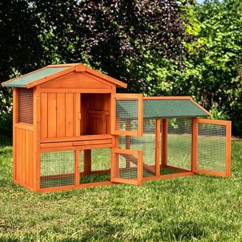BreezTerra Poulailler en Bois, poulailler 2 poules, clapiers adaptés à une utilisation intérieure et extérieure, Équipé d'un toit étanche et d'une porte verrouillable, 142 x 52 x 86 cm, couleur orange