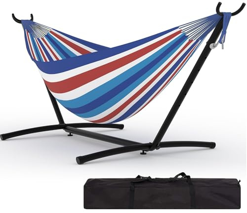 GarveeLife Hamaca Doble Soporte Hierro Plegable, Azul Blanco Rojo Rayas