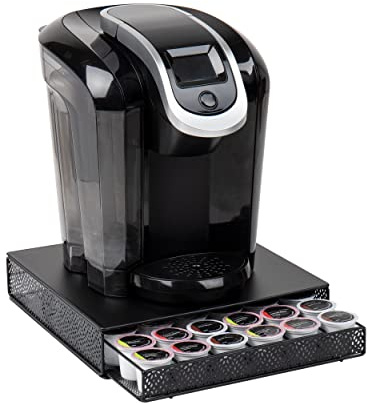 Mind Reader Network Collection, Single Serve Coffee Pod Drawer, 36 Coffee Pod Capacity, Coffee Machine Base, Solid Metal Top with Decorative Mesh Drawer, 9.5 L x 12.25 W x 2.5 H, Black