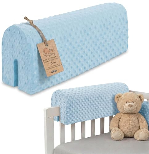 Bettkantenschutz für Kinderbetten Minky 70 cm - Schutz für Bettrahmen Baby Bett rausfallschutz für boxspringbett bettgitter mit Minky Bezug Kantenschutz Kinder Babybett Oeko-Tex Blau