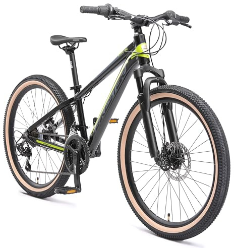 BIKESTAR Kinder Fahrrad Aluminium Mountainbike 21 Gang Shimano, Scheibenbremse ab 9 Jahre | 24 Zoll Kinderrad MTB | Schwarz Grau