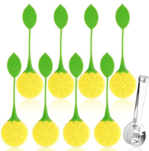 TEXIJUSO 8Pcs Silicone Loose Tea Strainers, Reusable Tea Infuser with 1Pc Tea Bag Squeezer, Cute Lemon Strawberry Tea Strainer, Tea Steeper for Filtering Tea or Flower Scented Tea (Lemon)