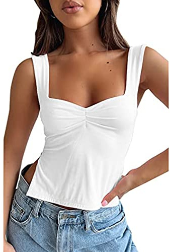 KOEMCY Femme Débardeur Crop Top Sexy Crop Tank Tops Col en V Camisole Top Haut Court sans Manches Chemises (Blanc,S)