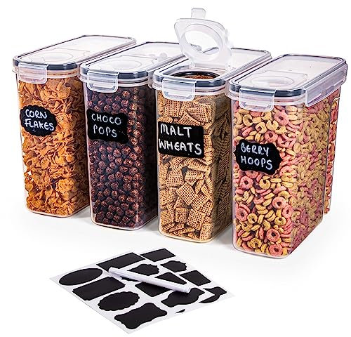 nuovva Lot de 4 boîtes de conservation hermétiques pour céréales - Distributeur de qualité alimentaire et sans BPA avec couvercle rabattable - Idéal pour céréales et flocons de maïs - 2,5 L