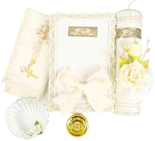 5 Pcs Ivory/Cream Baptism candle set - Velas para bautizo - vela de bautizo - Catholic baptisms candle set - baptism kit with bible, shell and candle