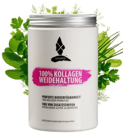 PRIMALIFE Collagen Pulver 1000g - 100% reines Kollagen Pulver aus Weidehaltung - Hoher Proteingehalt mit 9,6g Eiweiß pro Portion - Mit Kollagen Peptiden Typ 1, 2 & 3