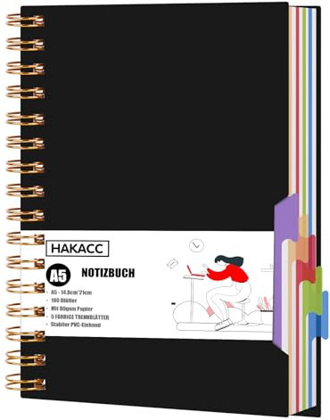 HAKACC Projekt Notizbuch, Spiralblock mit 5 Trennwände A5 Notizblock für Studenten Büro Schreiben Planer Schwarzes
