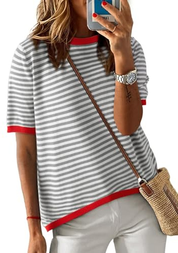 Cuptacc Maglietta Donna a Righe, Top Estate Elegante con Collo Tondo e Manica Corta, Blusa Larga in Cotone, Grigio, Taglia S 34-36