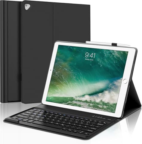 SENGBIRCH Tastatur Hülle für iPad Pro 12.9 Zoll 2./1. Generation, QWERTZ Deutsche Layout Tastatur, Magnetisch Abnehmbar Keyboard for iPad Pro 12.9 2017/2015, Schwarz