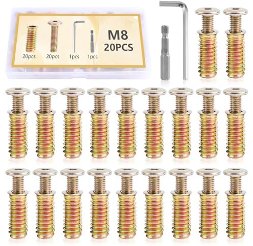 Insert Fileté Bois et Vis M8 x 30 mm 20pcs Écrous à Visser en Acier au Carbone avec Clé six-pans pour Meubles en Bois Quincaillerie d'Ameublement (M8 x 30)