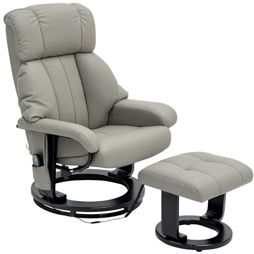 HOMCOM Relaxsessel mit Hocker, drehbarer Fernsehsessel mit Massagefunktion, Liegefunktion, Massagesessel mit Fernbedienung, Seitentasche, Ruhesessel aus Kunstleder für Wohnzimmer Grau