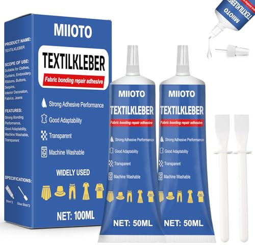 Miioto Textil Kleber, 100ML Fabric Gluen, Stoffkleber, Stoff Kleben Statt Nähen, Transparent, Schnelltrocknend, Maschinenwaschbar, Geeignet für Stoffe, Leder, Jeans etc