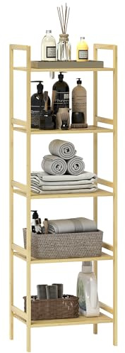 HOMCOM Scaffale Bagno a 5 Ripiani Regolabili in Altezza, Colonna Bagno in Bambù con Dispositivo Antiribaltamento, per Cucina, Bagno e Soggiorno, Legno Naturale