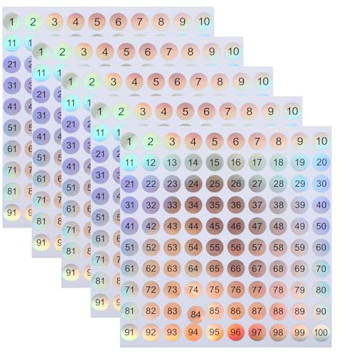 5 Sheet Small Number Stickers, Laser Stick on Numbers Stickers 1-100, Round Reflective Sticky Numbers for Office Home Kitchen, Classroom