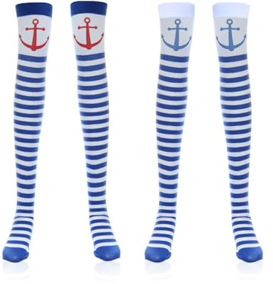 2 Pares De Medias De Rayas Azules Y Blancas, Accesorios De Juego De Roles, Calcetines Clásicos De La Rodilla Clásicos De Las Rodillas Clásicas De Las Mujeres, Decoración De Mascaradas.