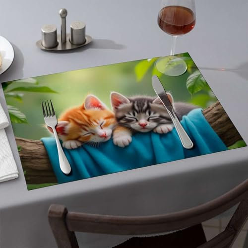 Runner da tavola estivo con due simpatici gattini che dormono su un ramo, tovaglietta da pranzo, decorazione per la tavola pasquale, decorazioni per feste occidentali (4 pezzi)