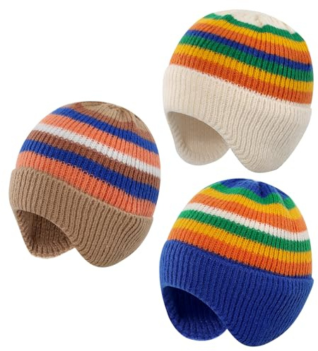 MASOCIO Baby Winter Hat Toddler Boys Girls Fleece Lining Warm Bobble Beanie with Ear Flaps 6 9 12 18 Months 2 Kids Children Thermal Knitted Caps 3 Pack Age 1-3 Years Multicolor 3