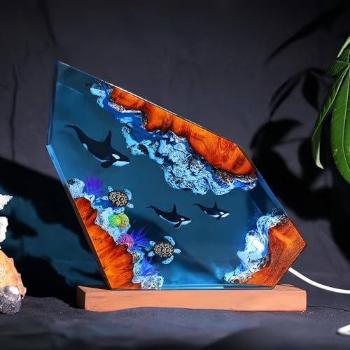 Drawelry 3D Ozean Epoxidharz Nachtlicht Meere Figuren Statue Ornamente mit Holzsockel Harz Marine Tier Hai Wale Oktopus Taucher Kunsthandwerk Skulptur Tischlampe Mini Aquarium Dekoration (B20, S)