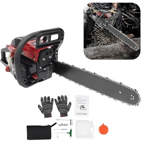 HUOMMGS 58 CC motorsåg bensin 2-taktsmotor motorsåg bensin 2 400 W uppgradering motorsåg med 50 cm svärdlängd professionell kedjor såg med startmotor trädvårdsåg för trädgårdar (röd)