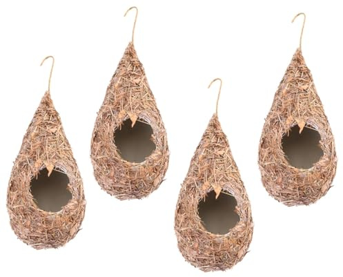 HOMSFOU Lot de 4 Nids Oiseaux Tissés en Paille Naturelle, Suspendus, pour Élevage Extérieur de Canaris et Pinsons