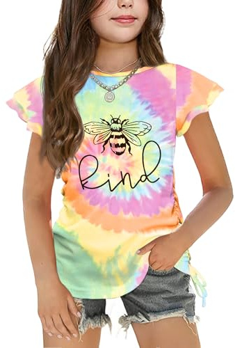 Arshiner Girls T-Shirt Ruffle Sleeve Kids Round Neck Summer Tops Casual | Children's Cotton Tee,Clothing with Drawstring,5-12 Years