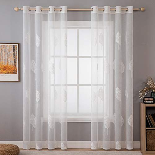 MIULEE Leaves Embroidery Sheer Decoration Grommet Window Curtain Semi Voile Drapes Panels with Eyelets Window Treatments for Living Room Bedroom Big Leaves 2 Panels 55 W x 102 L White