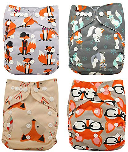 Waschbar Windel Babywindeln Stoffwindeln Schließungt wiederverwendbar, inkl. 4 Einlagen, 4 Stück (Fuchs)
