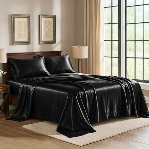 Pure Bedding Queen Satin Sheets Set, Black 4-Piece Silky Bed Sheets, Cooling, Gentle on Hair & Skin, 15-Inch Deep Pocket