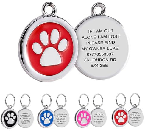 Personalised Dog Tags for Pets Engraved UK Dog Name Tag Personalised Dog Tag Id Tags for Dogs Cats Engraved Dog Tags Stainless Steel 25mm (Red Paw)