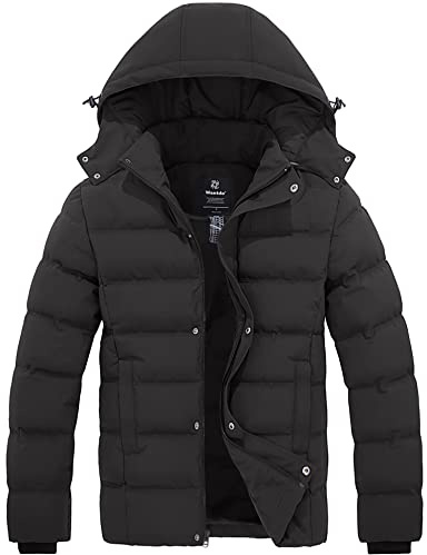 Wantdo Varm vinterjacka för män, lätt utomhusjacka, tjock bomullsrock, pufferjacka med huva, Grå, XL
