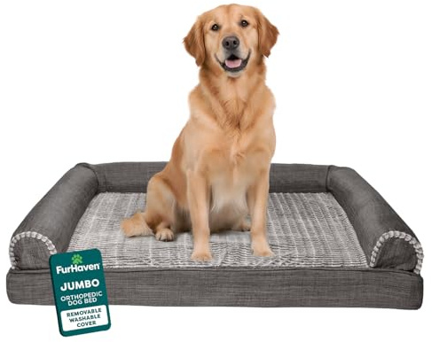 Furhaven Orthopedic Dog Bed for Large Dogs w/ Removable Bolsters & Washable Cover, For Dogs Up to 95 lbs - Luxe Faux Fur & Performance Linen Sofa - Charcoal, Jumbo/XL