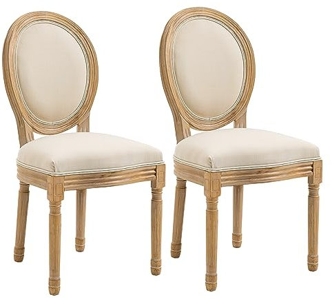 HOMCOM 2er Set Esszimmerstühle Vintage Küchenstuhl Polsterstuhl mit Rückenlehne Linen-Touch Massivholz Cremeweiß+Natur 49 x 56 x 96 cm