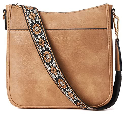 BOSTANTEN Handtasche Damen Mittelgroß Umhängetasche Crossbody Bags Leder Schultertasche für Frauen Shopper Tasche mit Verstellbarem Farbigem Riemen Hellbraun