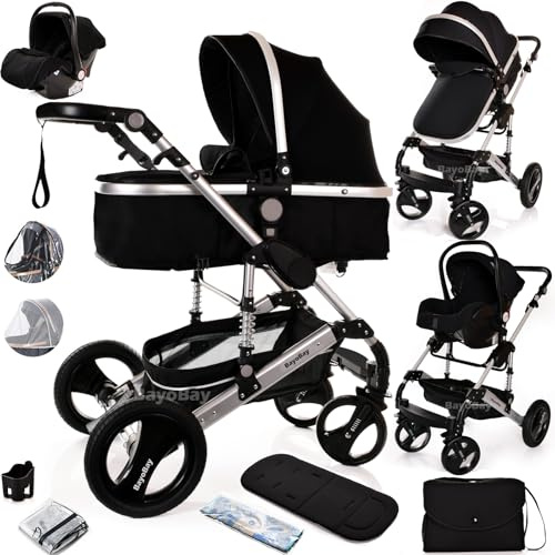 Baby Pram Pushchair Buggy with Car Seat Lightweight Stroller Folding Strollers 3 in1 Travel System Baby Trolley Pram for Newborns Toddlers from Birtn (Black - Silver Frame)