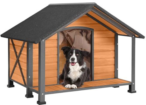 Aivituvin Dog House with Anti-Chewing Metal Frame Outdoor Large Wooden Dog Kennel Outside with Overhang Roof Large Porch Weatherproof