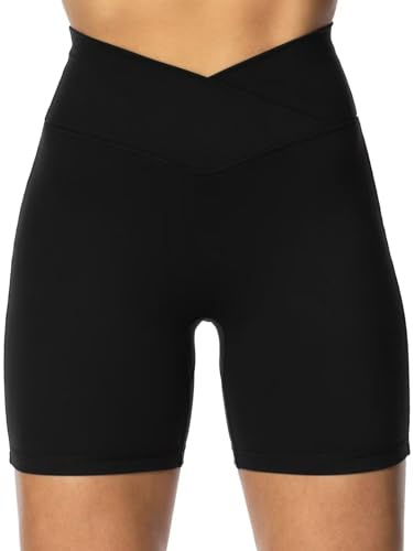 Sunzel Sunzfly Crossover Biker Shorts for Women, V Criss Cross High Waist Yoga Workout Gym Shorts with Tummy Control 6 Inseam Black Medium