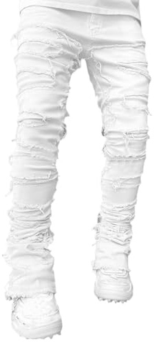 Jeans for Men Stretch Fit Skinny Stacked Ripped Destroyed Jeans Slim Fit Patch Y2K Denim Pants Slim Fit Trousers Streetwear White