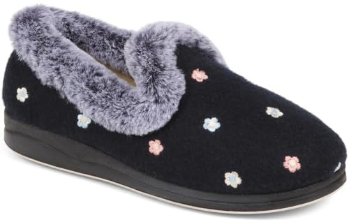 Pavers Floral Faux-Fur Slippers - Navy Floral Size 4