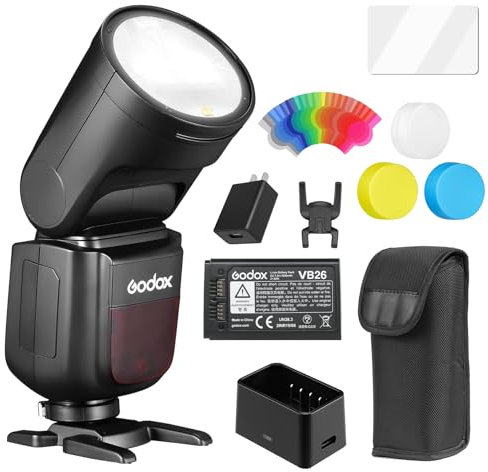 GODOX V1N Speedlite - Flash redondo (76 W, cámara redonda, 1/8000, HSS, 2,4 G, inalámbrico, sistema i-TTL, con iones de litio de 2600 mAh, compatible con Nikon
