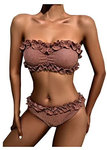 Ensemble de Bikini pour Femme avec Bandeau plissé à Paillettes - Bikini brésilien Push-up - Maillot de Bain en Dentelle - Tankinis - Ensemble Short pour Femme Bikinis