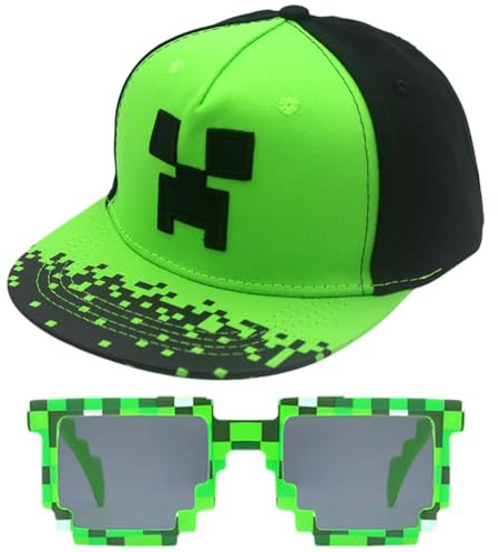 Minnecraft Baseball Cap and Sunglasses Set, Children Sun Hat with Cartoon Adjustable Peaked Flat Brim for Summer, Accessories Gifts for Kids 2 to 8 Years