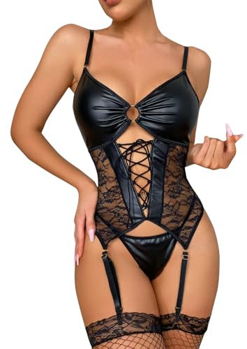 Satohom Frauen Dessous Sexy Leder Spitze Reizwäsche Nightdress, Erotische Translucent Spitze Riemchen Bodysuit mit G-String, Damen Sexy Lack Unterwäsche V-Ausschnitt Nachthemd Partykleid