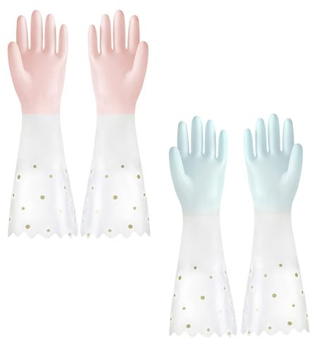JYJLLM Handschuhe groß und mittel, strapazierfähige Gummi-Spülhandschuhe für die Küchenreinigung, mit Baumwolle gefütterte Handhandschuhe für Geschirrspülen und Hausarbeiten (Rosa + Blau)