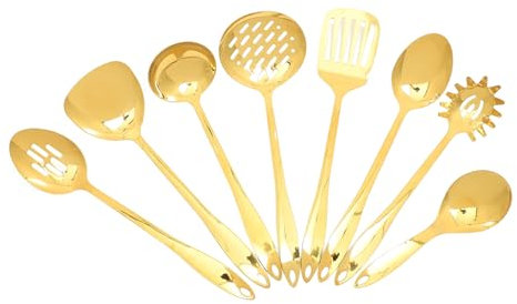 POPETPOP Utensilios De Cocina De Acero Inoxidable 8 Piezas Dorados Set Para Saltear y Cocinar Orificio Para Colgar Accesorios De Uso Diario Para Cocina Doméstica