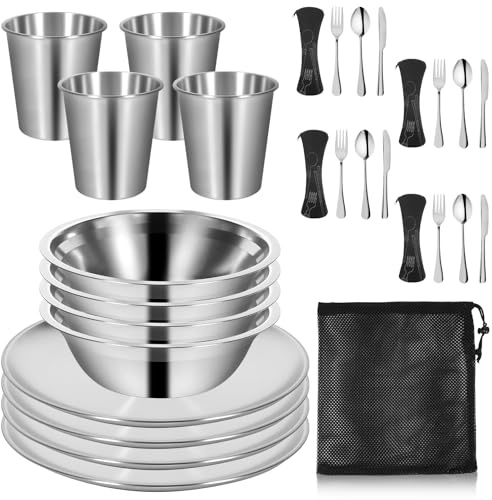 REDCAMP Set di posate da campeggio per 4 persone, 29 pezzi di posate da viaggio in acciaio inox con custodia, ciotole, piatti, forchetta, cucchiaio, set di stoviglie da campeggio per viaggi